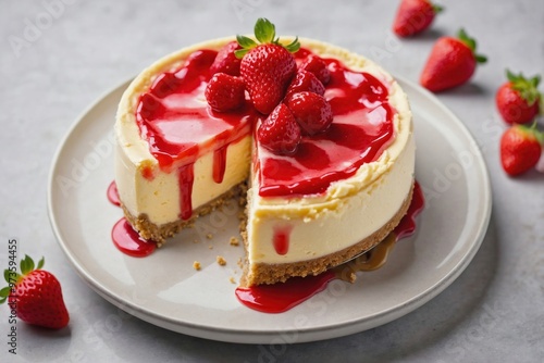 Strawberry Cheesecake: Overhead shot of a cheesecake with a glossy strawberry topping