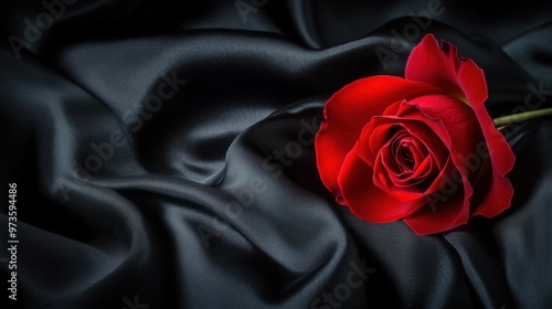 Fototapeta Naklejka Na Ścianę i Meble -  A single red rose on a black silk fabric, highlighting the contrast between the deep red petals and dark background