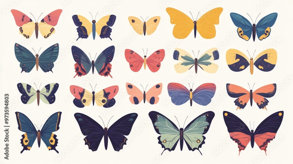 Vibrant Diversity: 30 Unique Cartoon Butterflies in Minimalist 2D Vector Illustration Vibrant Diversity: 30 Unique Cartoon Butterflies in Minimalist 2D Vector Illustration