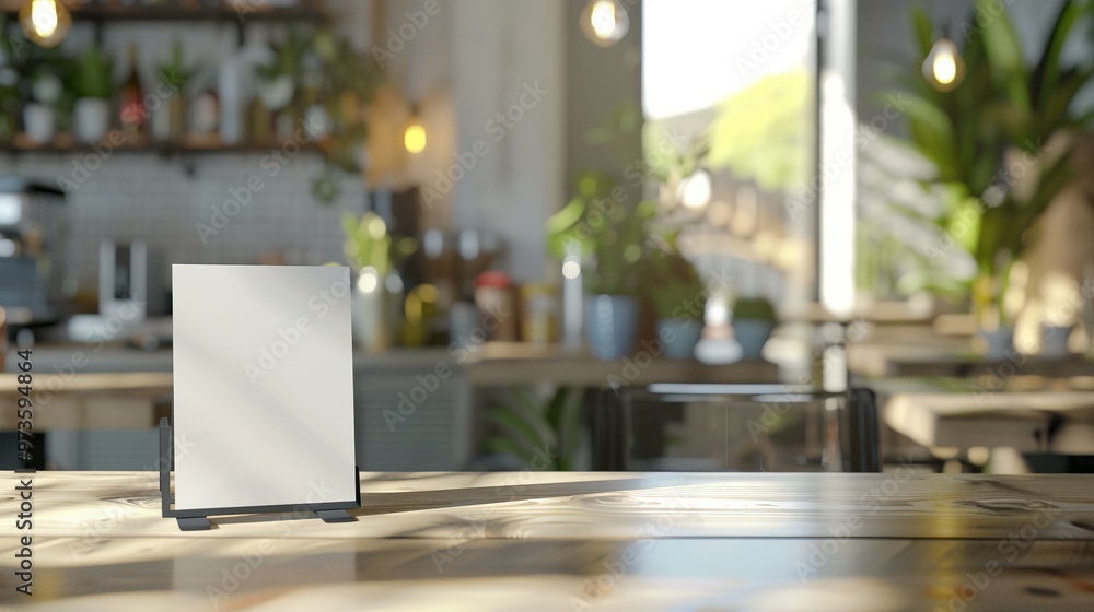 Blank Sign on Wooden Table in Blurred Cafe Setting Blank Sign on Wooden Table in Blurred Cafe Setting
