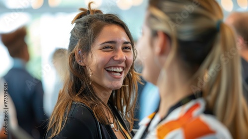 Young woman laughing and looking at another woman.
