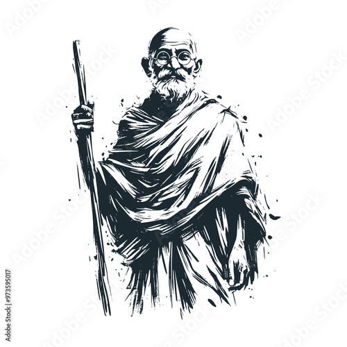 The priest with eyeglasses. Black white vector illustration.
