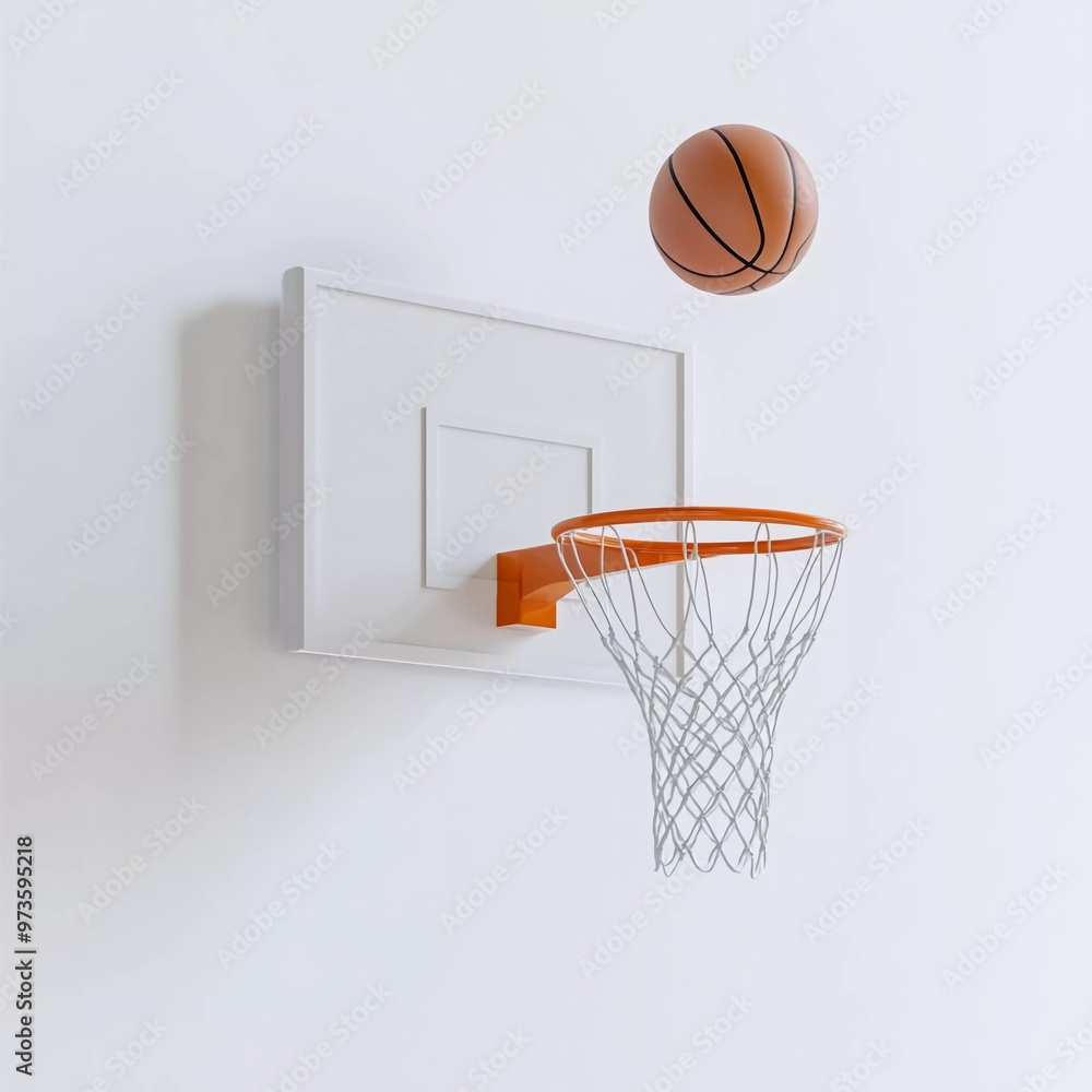 A basketball hoop on a white wall with a ball flying at the target nice 3d render A basketball hoop on a white wall with a ball flying at the target nice 3d render