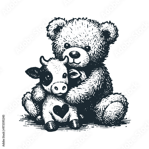 The giant teddy bear with his dairy cow. Black white vector logo or icon illustration.
