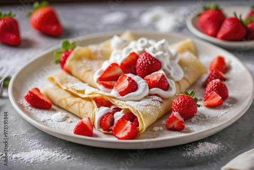 Strawberry Crepes: A crepe filled with fresh strawberries and whipped cream, folded neatly and dusted with powdered sugar, placed on a plain white plate.