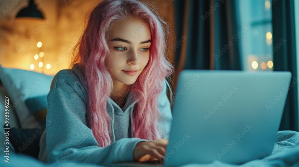 Young woman with pink hair using laptop in bed. Young woman with pink hair using laptop in bed.