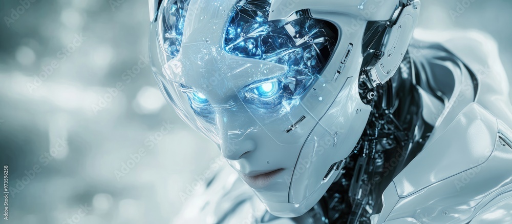 Fototapeta premium A stunning AI robot represents a technological cosmic revolution Quantum superposition illustrated through an android transformer featuring advanced computing 3D rendering