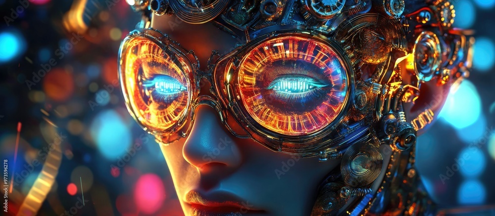 Fototapeta premium Abstract portrait of a futuristic steampunk character featuring intricate designs and vibrant colors in a 3D illustration