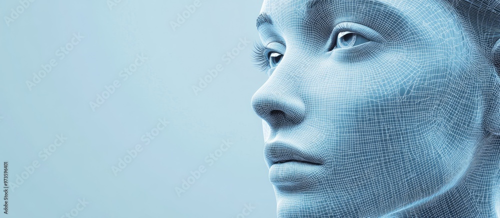 3D wireframe representation of a young female face on a blue background symbolizing technology cyborgs digital models virtual avatars and futuristic concepts 3D wireframe representation of a young female face on a blue background symbolizing technology cyborgs digital models virtual avatars and futuristic concepts