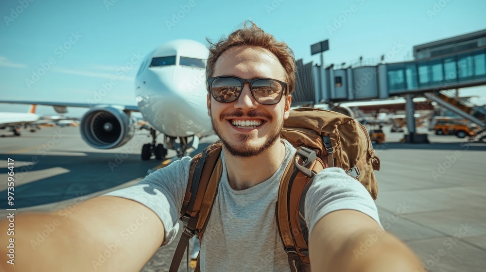 Happy traveler taking a selfie at the airport with a plane in the background. Happy traveler taking a selfie at the airport with a plane in the background.