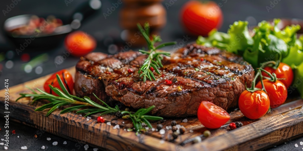 Grilled Dry Aged Wagyu Ribeye with Lettuce and Tomatoes on a Wooden Platter Grilled Dry Aged Wagyu Ribeye with Lettuce and Tomatoes on a Wooden Platter