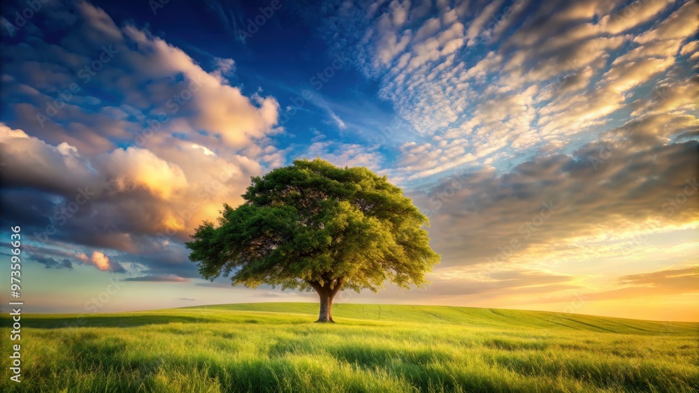 Fototapeta premium Scenic landscape with a solitary tree , nature, outdoors, tranquil, serene, countryside, scenic, beauty, environment, greenery