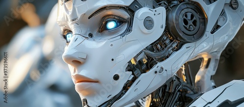 Robotic female cyborg face illustrating the concept of artificial intelligence rendered in 3D