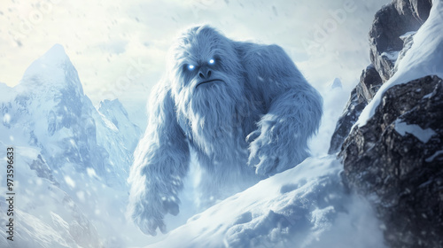 Yeti monster walking on snowy mountain during snowfall