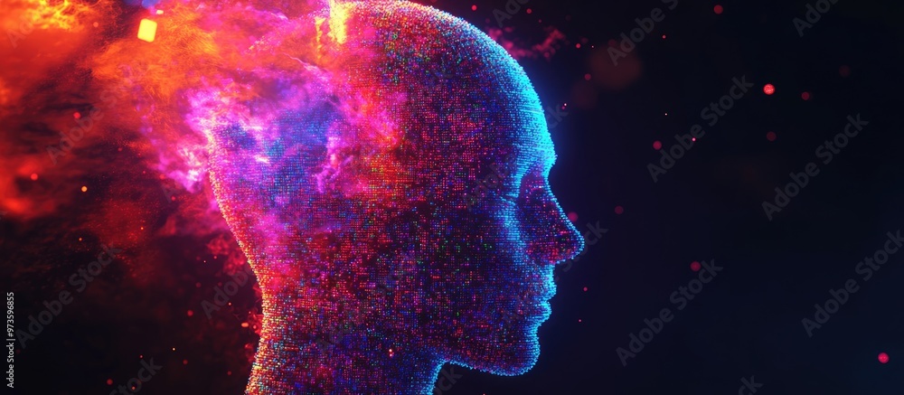 Concept of Artificial Intelligence and Virtual Reality featuring a 3D human head composed of pixels in vibrant neon holographic colors against a dark backdrop Concept of Artificial Intelligence and Virtual Reality featuring a 3D human head composed of pixels in vibrant neon holographic colors against a dark backdrop