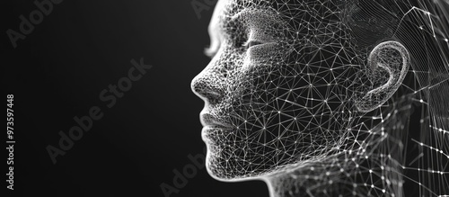 Fototapeta Naklejka Na Ścianę i Meble -  High resolution 3D wireframe representation of a female head on a black background symbolizing technology cyborgs digital innovation virtual avatars science fiction and abstract concepts