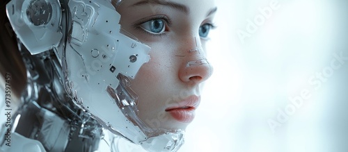 Detailed female cyborg face featuring pearl like artificial skin showcasing a VR virtual reality and AI conceptual design in a 3D render