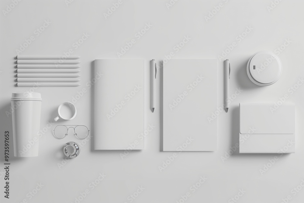 A minimalist flat lay featuring white office essentials, including notebooks, pens, a coffee cup, and glasses, all meticulously arranged against a clean background, showcasing sleek simplicity. A minimalist flat lay featuring white office essentials, including notebooks, pens, a coffee cup, and glasses, all meticulously arranged against a clean background, showcasing sleek simplicity.