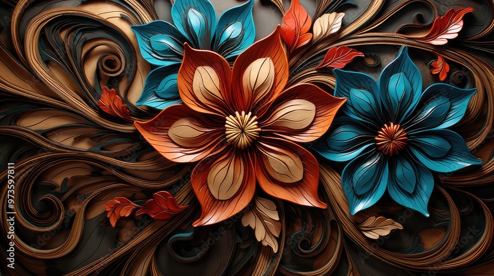 A vibrant, intricately designed floral composition featuring bold colors and swirling patterns, showcasing artistic craftsmanship. A vibrant, intricately designed floral composition featuring bold colors and swirling patterns, showcasing artistic craftsmanship.
