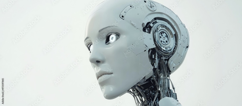 3D rendering of an open eyed severed android robot head on a stand Featuring a white background this artwork represents a futuristic AI concept 3D rendering of an open eyed severed android robot head on a stand Featuring a white background this artwork represents a futuristic AI concept