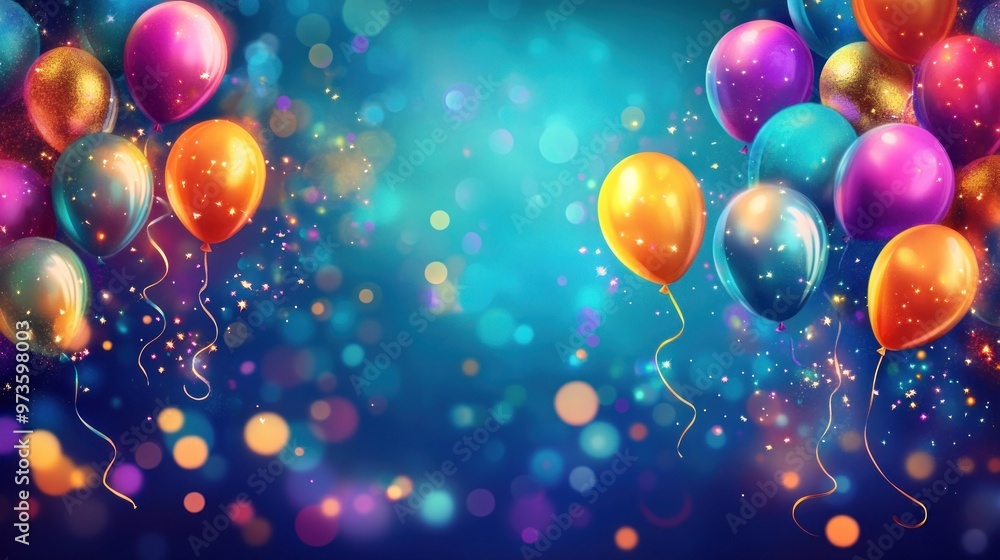Colorful balloons and confetti on a blue background. Colorful balloons and confetti on a blue background.