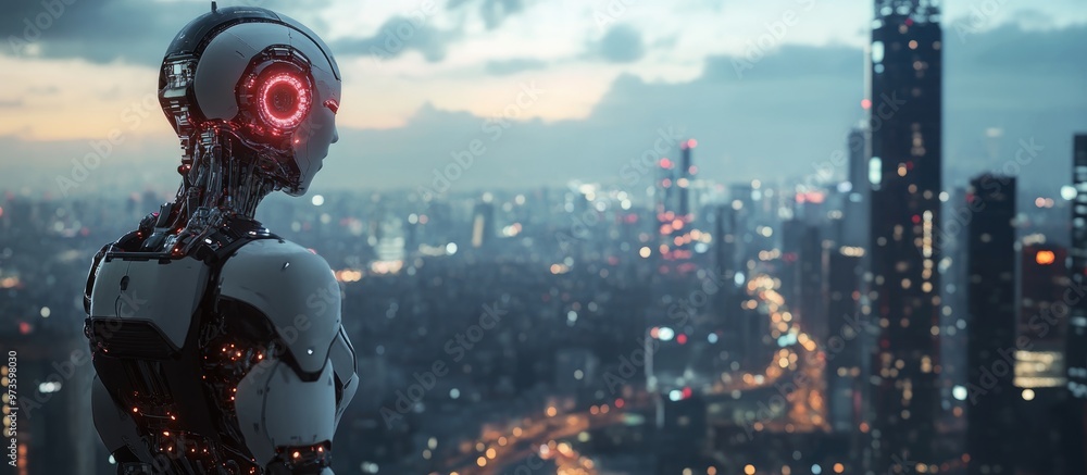 A humanoid robot gazes out over a sprawling urban landscape from a rooftop during nighttime embodying the concept of advanced technology A humanoid robot gazes out over a sprawling urban landscape from a rooftop during nighttime embodying the concept of advanced technology