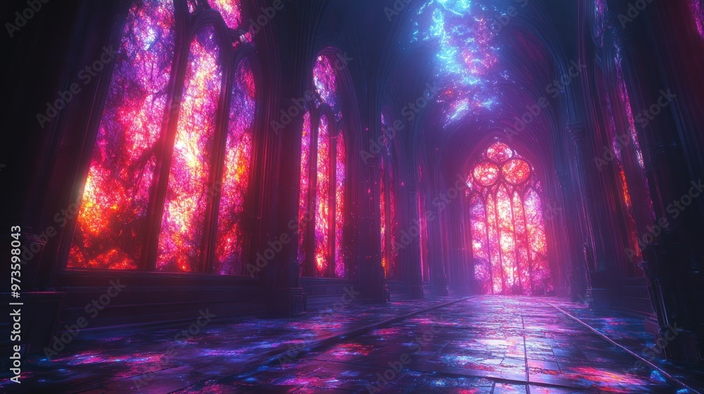 Fototapeta premium Gothic Cathedral With Glowing Stained Glass Windows