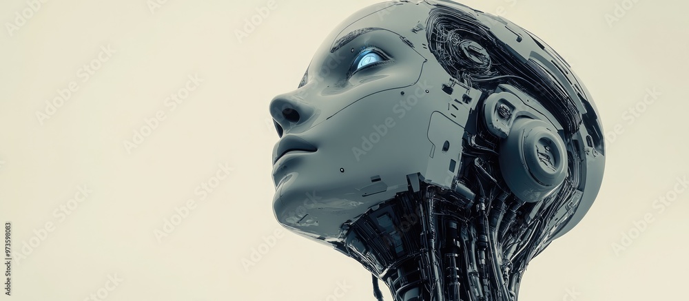 Humanoid robot with artificial intelligence featuring a connected head gazes upward showcasing an elegant robotic design and advanced technology Humanoid robot with artificial intelligence featuring a connected head gazes upward showcasing an elegant robotic design and advanced technology