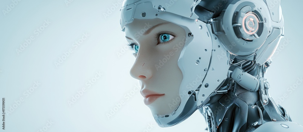 Cyborg portrait with a realistic 3D design set against a bluish backdrop Cyborg portrait with a realistic 3D design set against a bluish backdrop