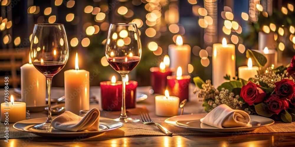 Romantic candlelit dinner setting with wine glasses, elegant table setting, and flickering candles, romance, love Romantic candlelit dinner setting with wine glasses, elegant table setting, and flickering candles, romance, love