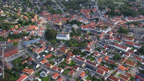 An aerial panorama around the old town of the city Nibe on a sunny summer day in the  Denmark photo