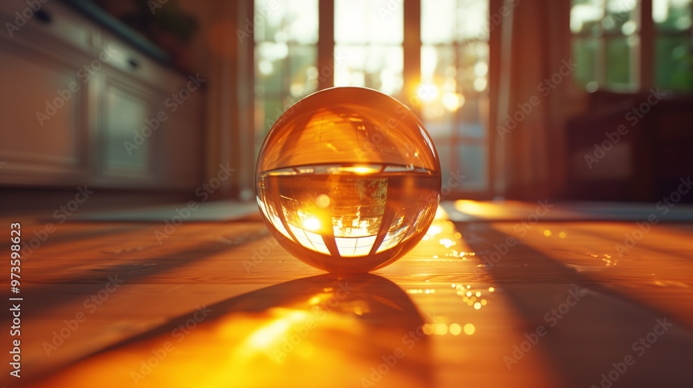 Beautiful Crystal Sphere on Wooden Floor, Bathed in Warm Sunset Light Streaming Through Wooden Windows in a Cozy Home. Beautiful Crystal Sphere on Wooden Floor, Bathed in Warm Sunset Light Streaming Through Wooden Windows in a Cozy Home.