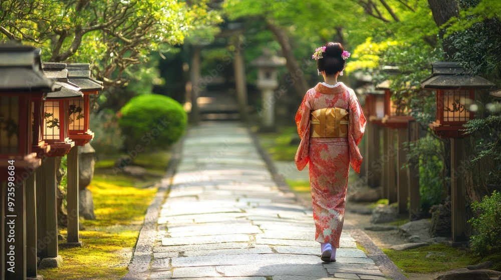 A Japanese girl in traditional attire, elegantly walking along a stone pathway lined with lanterns in a tranquil garden A Japanese girl in traditional attire, elegantly walking along a stone pathway lined with lanterns in a tranquil garden