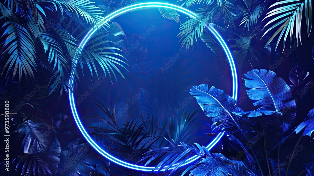 A vibrant, neon-lit circular frame surrounded by lush, blue-tinted tropical foliage, creating a surreal, immersive atmosphere. A vibrant, neon-lit circular frame surrounded by lush, blue-tinted tropical foliage, creating a surreal, immersive atmosphere.
