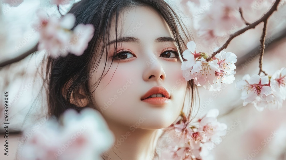 A Japanese girl with natural makeup, captured in a candid moment while sitting under a cherry blossom tree A Japanese girl with natural makeup, captured in a candid moment while sitting under a cherry blossom tree