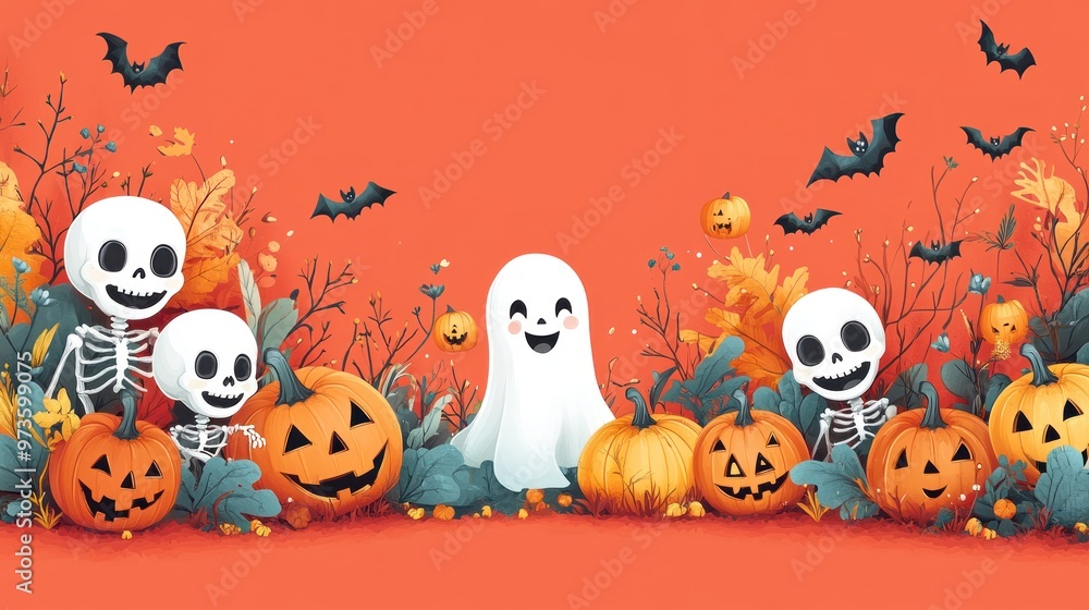 Halloween-themed illustration with skeletons, pumpkins, and a ghost. Halloween-themed illustration with skeletons, pumpkins, and a ghost.
