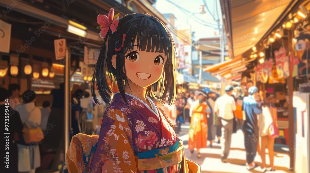 A kawaii Japanese girl with a playful smile, wearing a colorful and cute outfit, standing in a bustling street market A kawaii Japanese girl with a playful smile, wearing a colorful and cute outfit, standing in a bustling street market