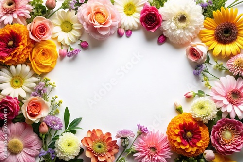 Aerial view of colorful flowers on white background