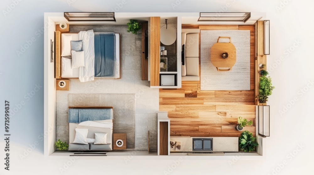 Top view of a modern apartment with two bedrooms, a living room, and a kitchen. Top view of a modern apartment with two bedrooms, a living room, and a kitchen.