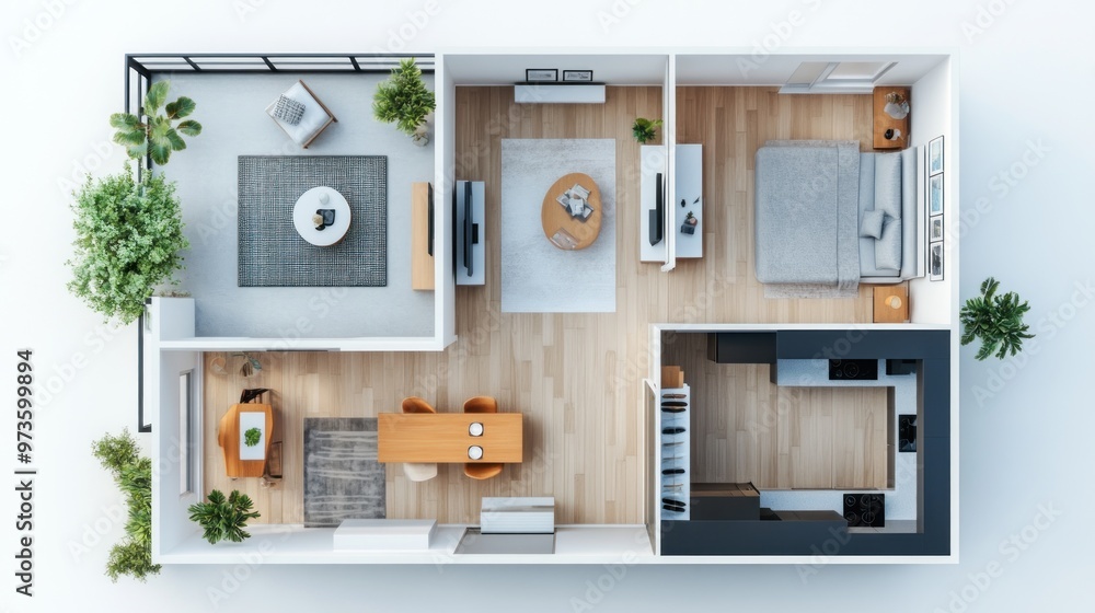 Top view of an apartment interior design with furniture, plants, and wooden floor. Top view of an apartment interior design with furniture, plants, and wooden floor.