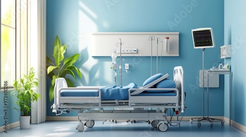 Empty hospital bed with IV pole and monitor in a blue room.