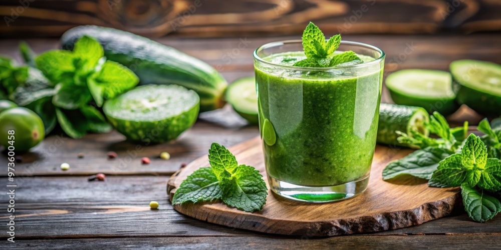 Refreshing green smoothie with spinach, kale, cucumber, and mint garnish, Healthy, green, smoothie, vitamin, nutrition, fresh Refreshing green smoothie with spinach, kale, cucumber, and mint garnish, Healthy, green, smoothie, vitamin, nutrition, fresh