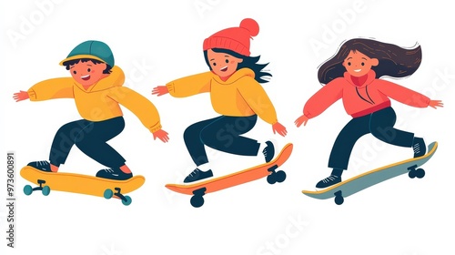 Dynamic Trio: Minimalist Vector Illustration of Joyful Kids Skateboarding Together in Flat Design Style Against White Background