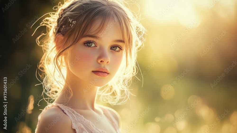 A portrait of a cute girl with fair complexion, wearing a light pink dress, her face softly illuminated by the warm afternoon sun A portrait of a cute girl with fair complexion, wearing a light pink dress, her face softly illuminated by the warm afternoon sun