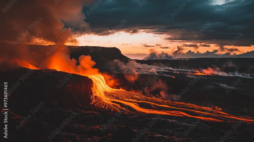 Majestic Volcanic Eruption with Flowing Lava and Billowing Smoke Illuminating the Night Sky, Capturing the Raw Power of Nature in an Awe-Inspiring Scene Majestic Volcanic Eruption with Flowing Lava and Billowing Smoke Illuminating the Night Sky, Capturing the Raw Power of Nature in an Awe-Inspiring Scene