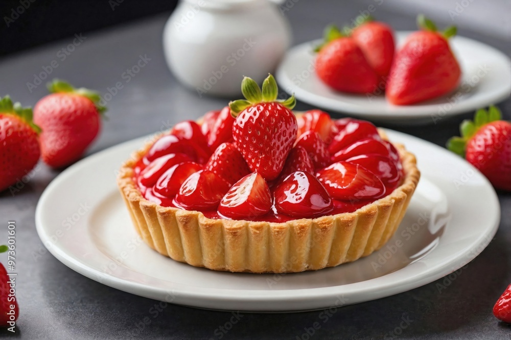 Strawberry Tart: A small round strawberry tart with a glossy glaze and neatly arranged strawberry slices on top, placed on a white plate. Strawberry Tart: A small round strawberry tart with a glossy glaze and neatly arranged strawberry slices on top, placed on a white plate.