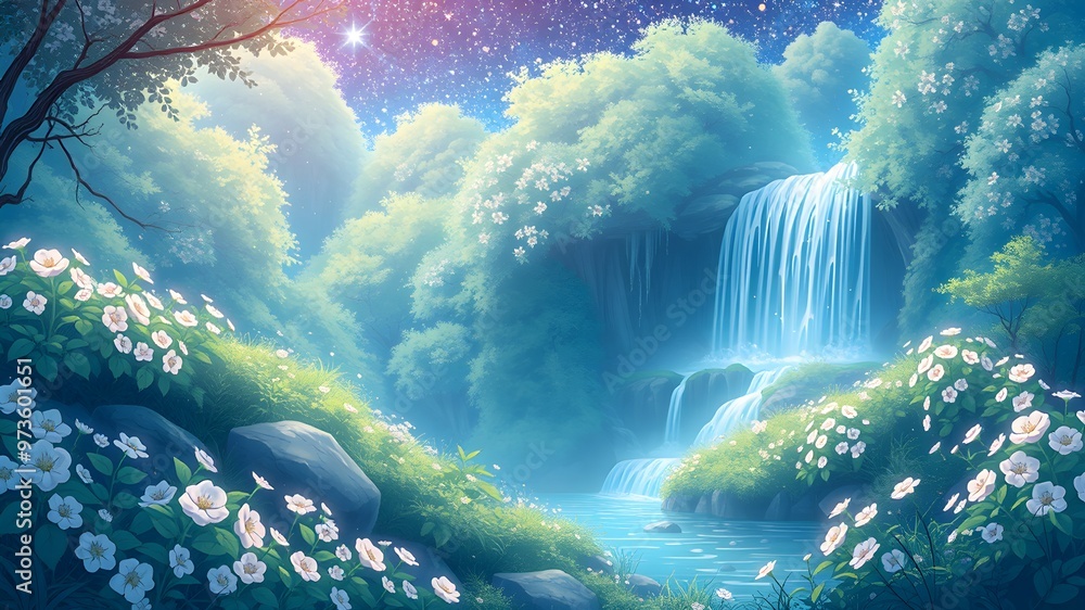 Anime-style illustration of a forest with a waterfall and a quiet flowing river with trees and flowers around it
