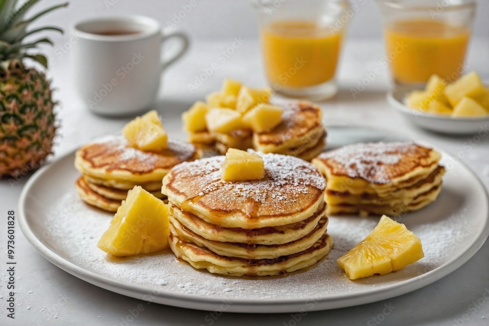Pineapple Pancakes: Overhead view of pancakes with pineapple chunks inside, garnished with powdered sugar, placed on a plain white background. Pineapple Pancakes: Overhead view of pancakes with pineapple chunks inside, garnished with powdered sugar, placed on a plain white background.