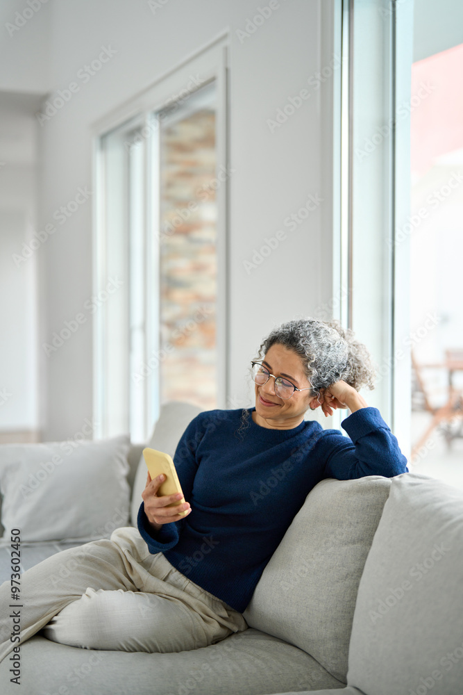 Smiling middle aged woman wearing glasses looking at cell phone doing ecommerce mobile shopping relaxing on sofa in living room. Happy mature older woman using smartphone sitting on couch at home. Smiling middle aged woman wearing glasses looking at cell phone doing ecommerce mobile shopping relaxing on sofa in living room. Happy mature older woman using smartphone sitting on couch at home.