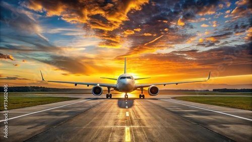 Airplane on runway at sunset ready for takeoff photo